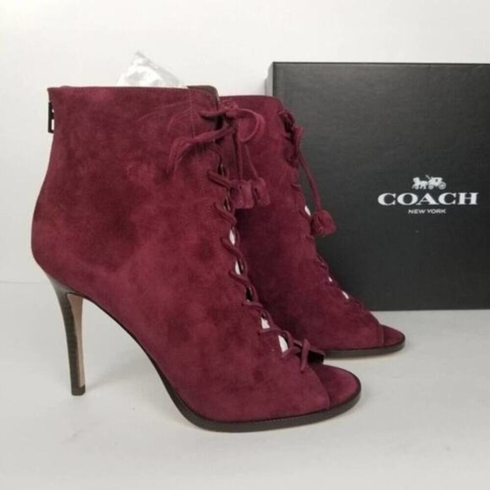 COACH Lena Lux suede lace up heels burgundy size 9 - Picture 6 of 8